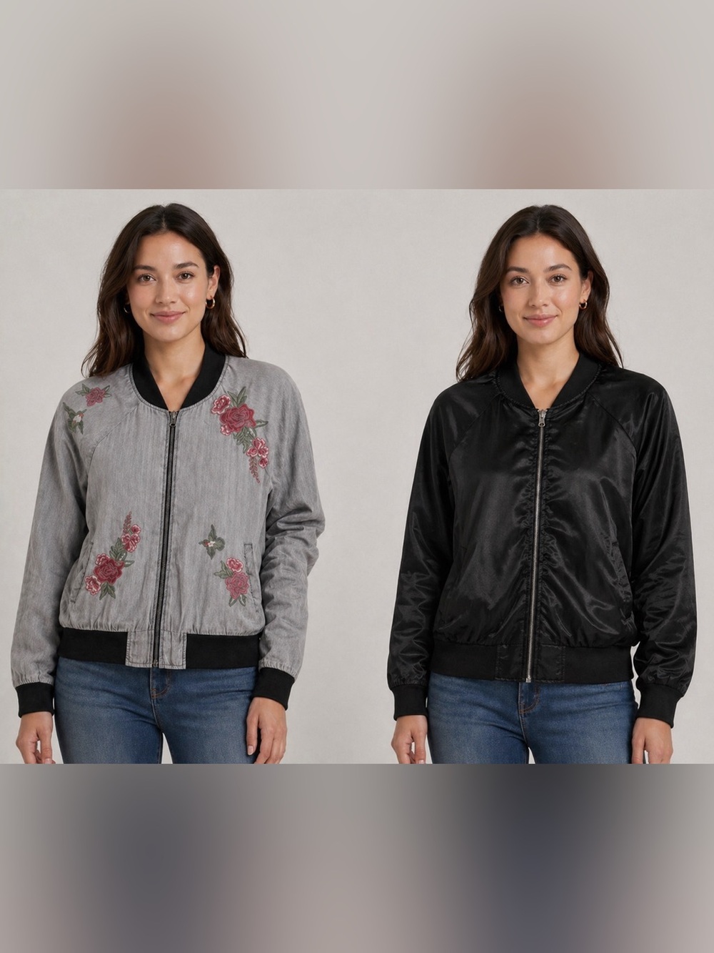 Billy T Floral Embroidered Bomber Jacket Reversible Gray Black Boho Womens S